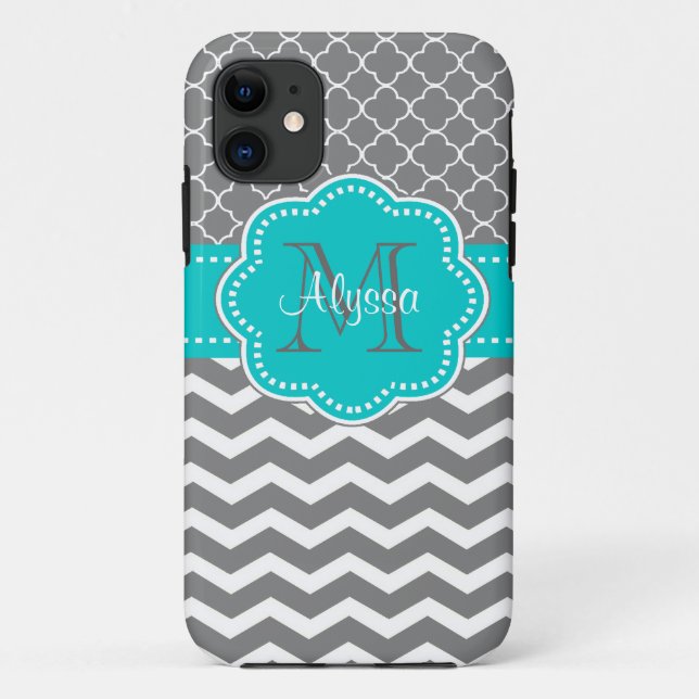 Dark Grey and Blue Chevron Personalized Case-Mate iPhone Case (Back)