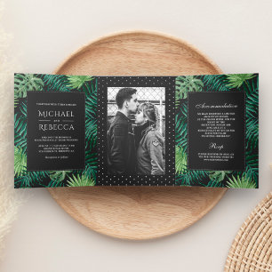 Dark Grey and Green Foliage Photo Wedding Tri-Fold Invitation