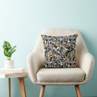 Dark Grey and Mustard Terrazzo Speckled Stone Throw Pillow
