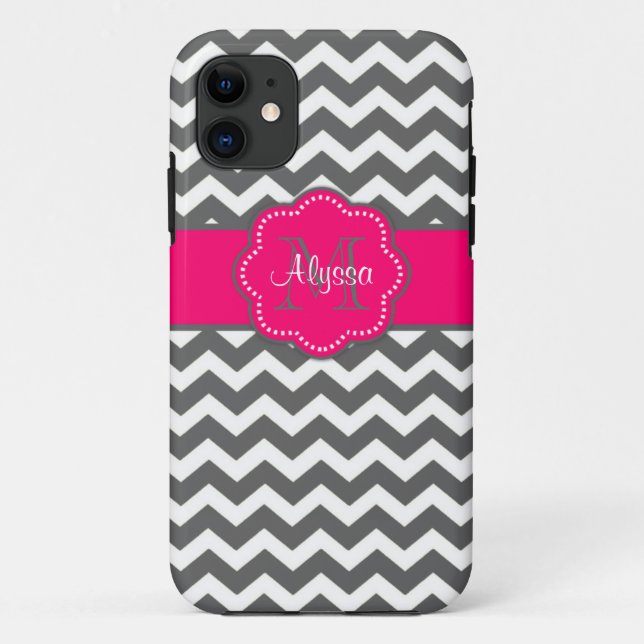 Dark Grey and Pink Chevron Personalized Phone Case (Back)