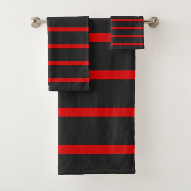 Dark Grey and Red Stripes Bath Towel Set (Insitu)