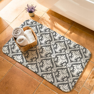 Dark Grey and White Baroque Damask Pattern Bath Mat