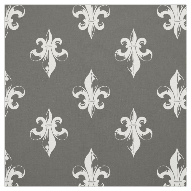 Dark Grey and White Fleur De Lis Pattern Fabric (Swatch)