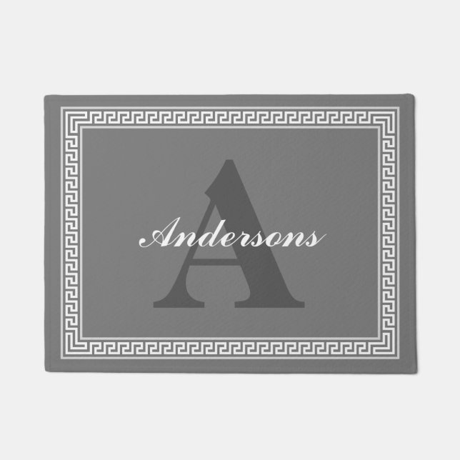 Dark Grey and White Greek Key Monogram Doormat (Front)