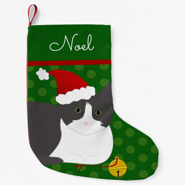 Dark Grey And White Santa Cat Personalized Small Christmas Stocking (Front)