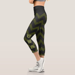 Dark grey army green vintage chevron Monogram Capri Leggings