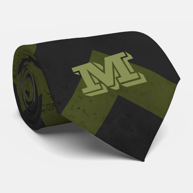 Dark grey army green vintage chevron Monogram Tie (Rolled)