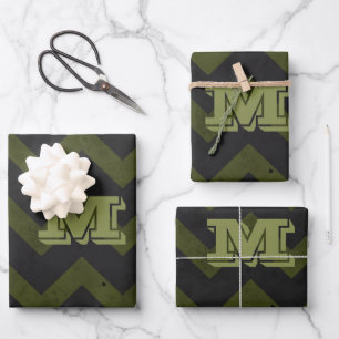 Dark grey army green vintage chevron Monogram Wrapping Paper Sheet