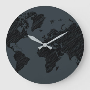 Dark Grey & Black Abstract World Map Design Large Clock
