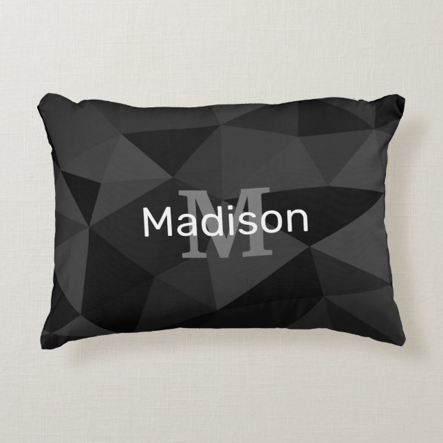 Dark grey black geometric mesh pattern Monogram Accent Pillow (Front)