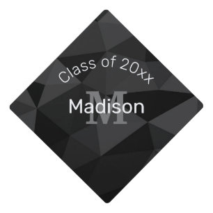 Dark grey black geometric mesh pattern Monogram Graduation Cap Topper