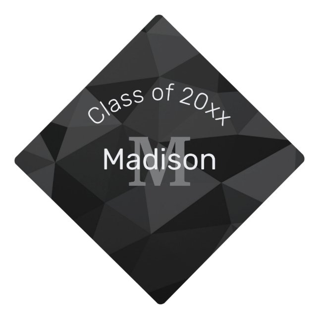 Dark grey black geometric mesh pattern Monogram Graduation Cap Topper (Front)