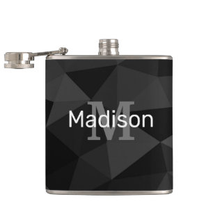 Dark grey black geometric mesh pattern Monogram Hip Flask