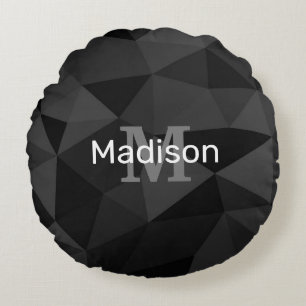 Dark grey black geometric mesh pattern Monogram Round Pillow