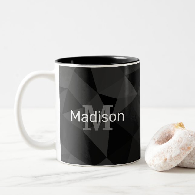 Dark grey black geometric mesh pattern Monogram Two-Tone Coffee Mug (With Donut)