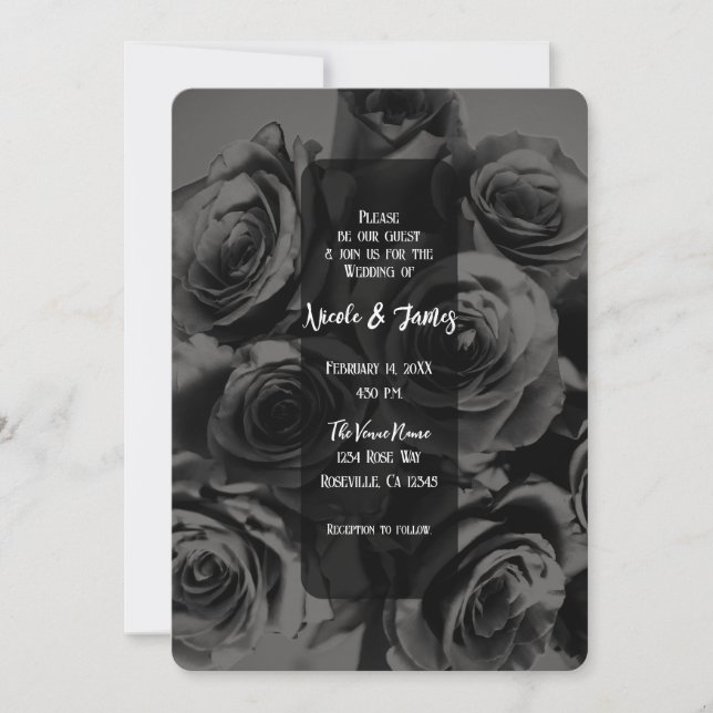 Dark Grey & Black Roses Floral Bouquet Wedding Invitation (Front)