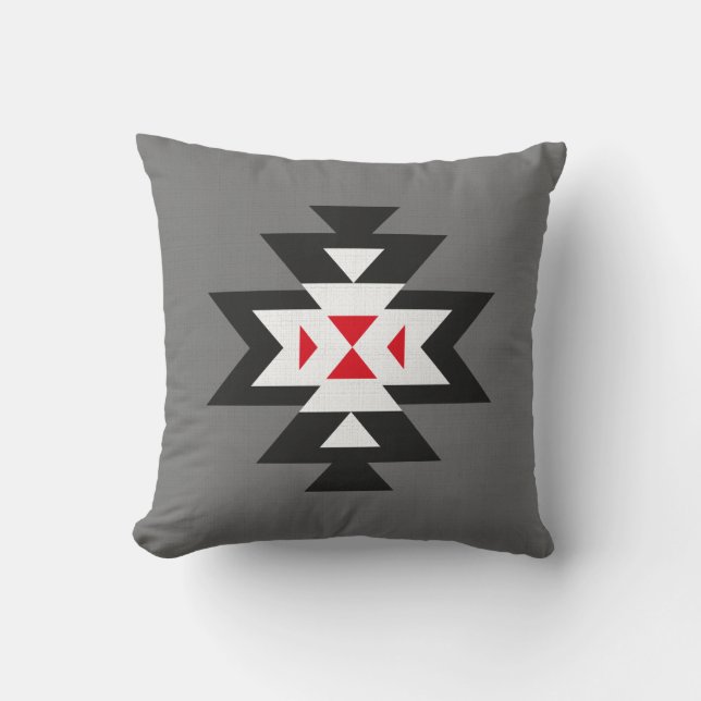Dark Grey Black White Red Aztec Pattern Throw Pillow (Front)