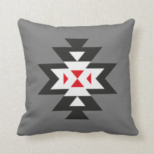 Dark Grey Black White Red Aztec Pattern Throw Pillow