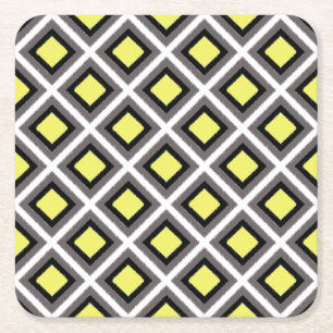 Dark Grey, Black, Yellow Ikat Diamonds by STaylor Square Paper Coaster
