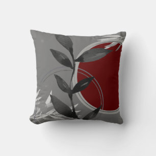 Dark Grey & Burgundy Zen Watercolor Leaves Throw Pillow