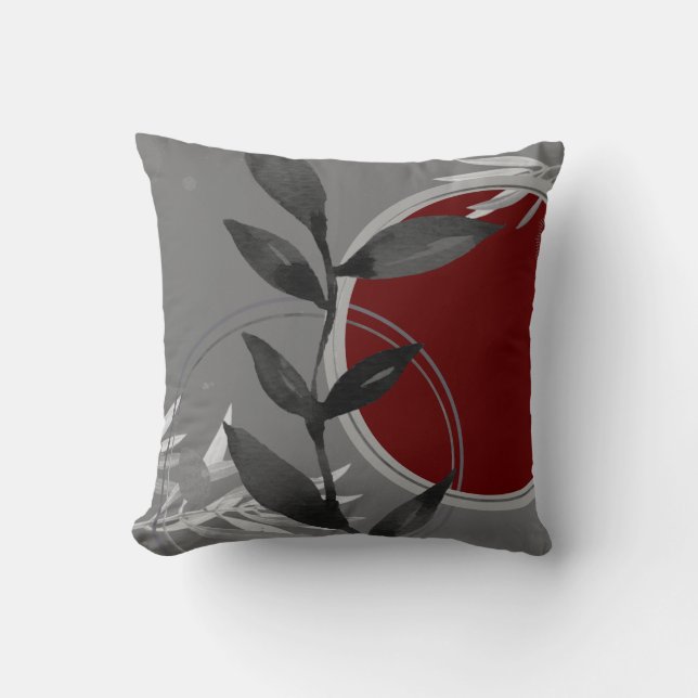 Dark Grey & Burgundy Zen Watercolor Leaves Throw Pillow (Front)