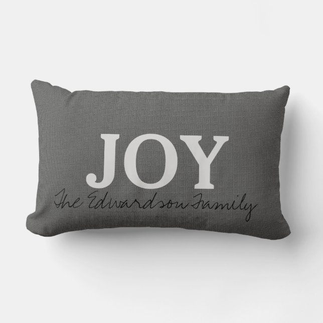 Dark grey burlap JOY script Family name holiday Lumbar Pillow (Front)