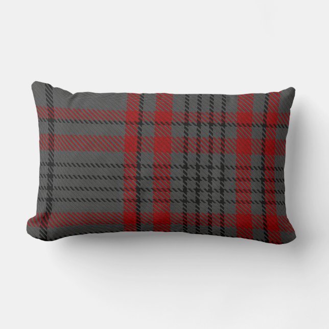 Dark Grey Charcoal Black Red Tartan Plaid Lumbar Pillow (Front)
