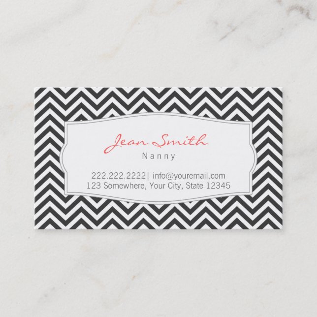 Dark Grey Chevron Stripes Nanny Business Card (Front)