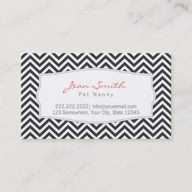 Dark Grey Chevron Stripes Pet Nanny Business Card (Front)