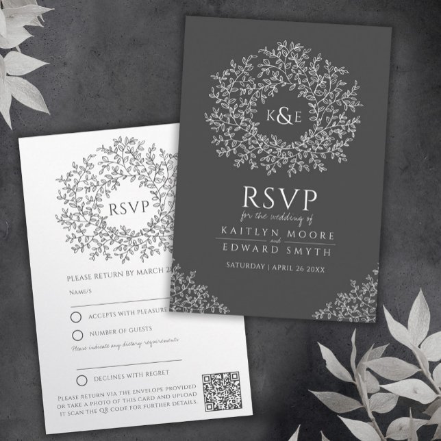 Dark grey drawn leaf monogram RSVP wedding QR Code Enclosure Card (Creator Uploaded)