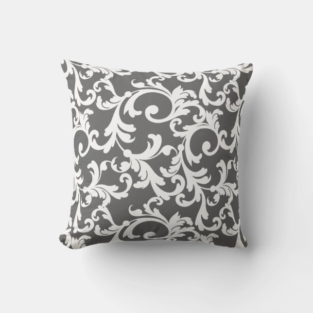 Dark Grey Elegant Damask Throw Pillow (Front)