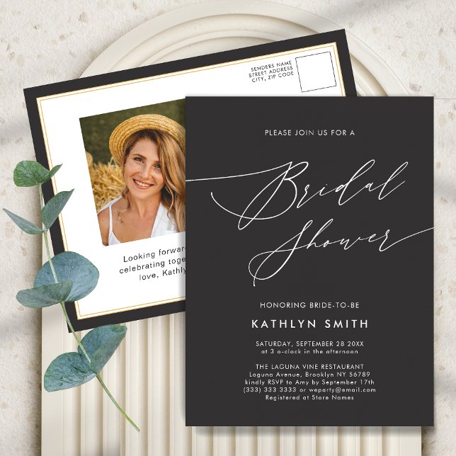 Dark Grey Elegant Script Minimalist Bridal Shower Invitation Postcard (Creator Uploaded)