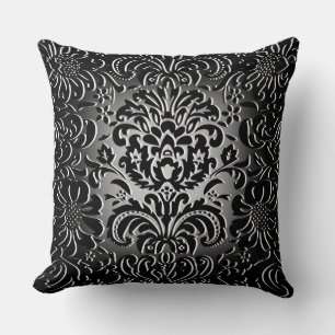 Dark Grey Fade "Mock Flock" Floral Pattern Throw Pillow