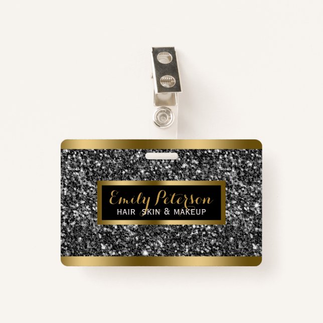 Dark Grey Faux Glitter Gold Accents Badge (Front with Clip)