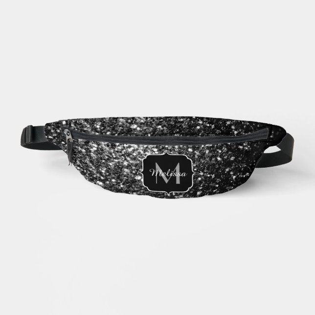 Dark grey faux glitter sparkles Monogram Fanny Pack (Front)