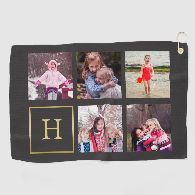 Dark Grey & Faux Gold Photo Collage Monogram Golf Towel (Horizontal)