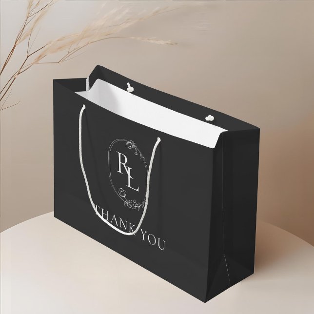 Dark Grey | Floral Monogram Wedding Thank You Large Gift Bag (Creator Uploaded)