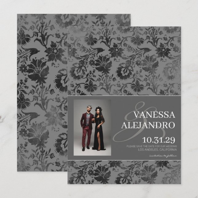 Dark Grey Floral Save The Date (Front/Back)