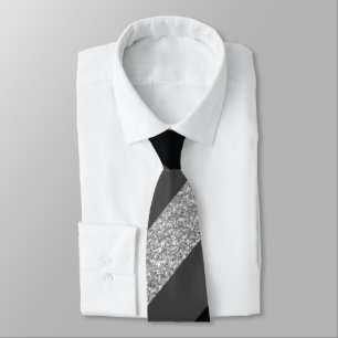 Dark Grey, Glitter and Black Diagonal Stripes Tie