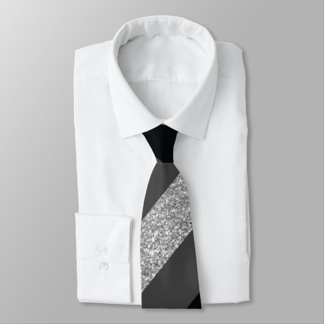Dark Grey, Glitter and Black Diagonal Stripes Tie (Tied)