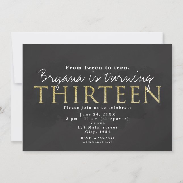Dark Grey & Gold 13TH 13 Birthday Party Invitation (Front)