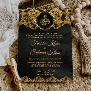 Dark Grey Gold Foil Lace Islamic Muslim Wedding Invitation