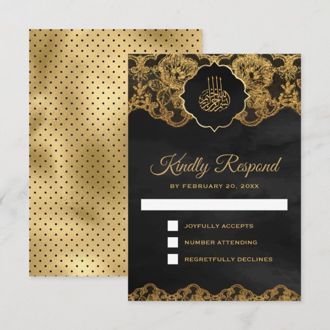 Dark Grey Gold Foil Lace Islamic Wedding RSVP Card (Front/Back)
