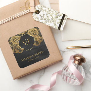 Dark Grey Gold Foil Lace Monogram Wedding Favour Square Sticker