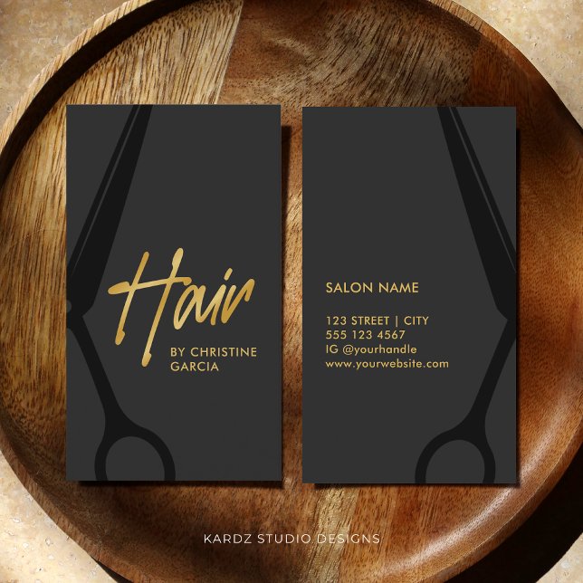 Dark Grey Gold Hair Stylist Salon Business Card (Business Card is shown in 3.5 x 2 inch. The golden color is FAUX Gold effect.)