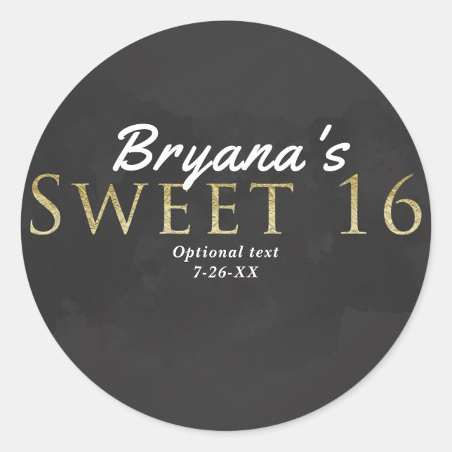 Dark Grey & Gold SWEET 16 Birthday Party Favour Classic Round Sticker (Front)