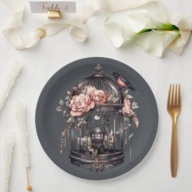 Dark Grey Gothic Black Pink Birdcage  Shower Paper Plate (Wedding)