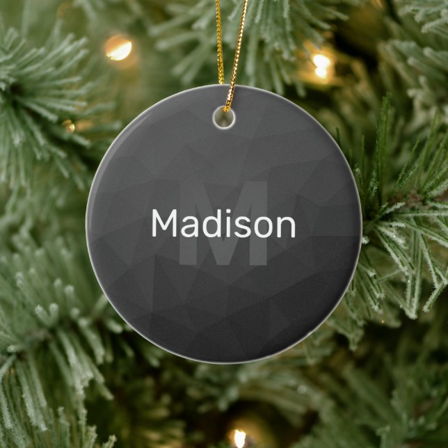 Dark grey gradient geometric mesh Monogram Ceramic Ornament (Tree)