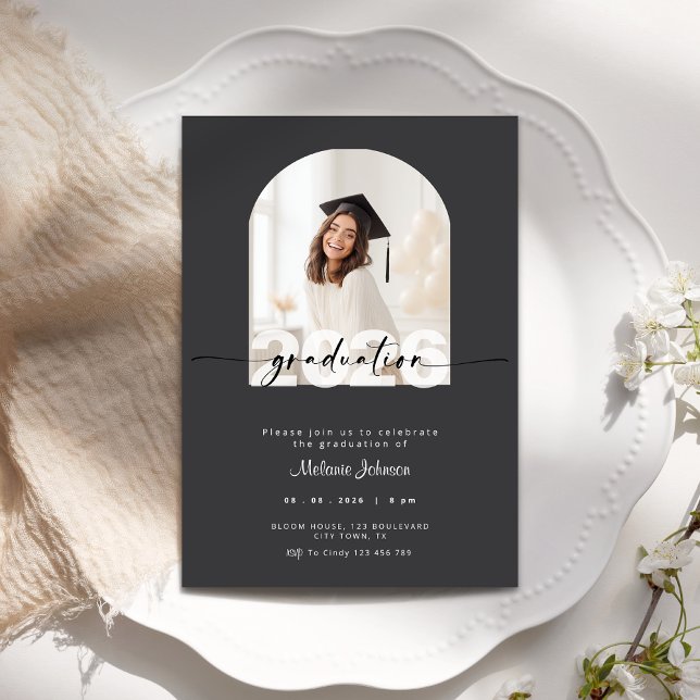 Dark Grey Graduation Invitation with Photo - 2026 (Dark grey graduation invitation with photo.)