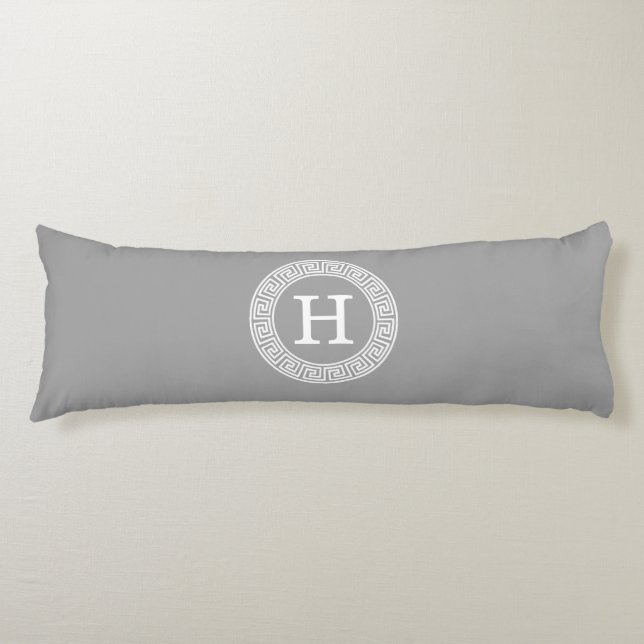 Dark Grey Greek Key Rnd Frame Initial Monogram Body Pillow (Front)